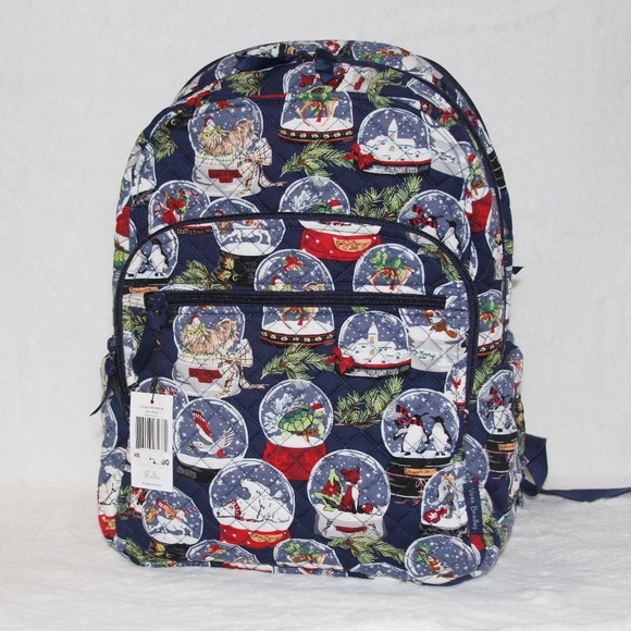 NWT Vera Bradley Large Campus Backpack Travel School Laptop Holidays Snow Globes